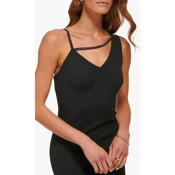 NWT DKNY Women's Beaded Stripe Asymmetrical Neck Sleeveless Gown Crepe size 12 - Picture 3 of 4
